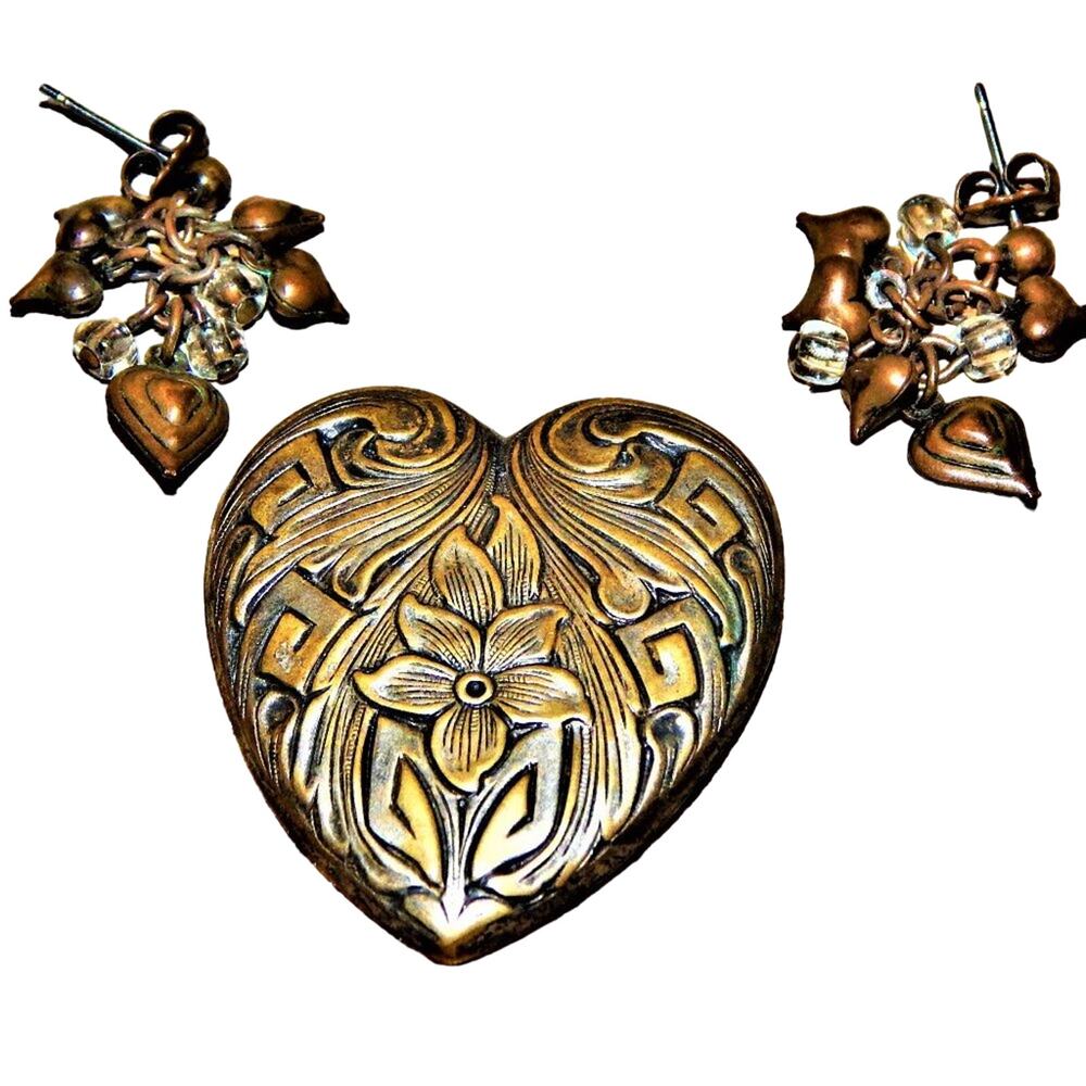 Romantic Bronze Hearts Earrings & Brooch VNTG Set